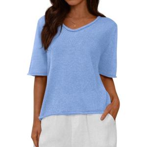imageBTFBM Sweaters for Women 2026 Summer Oversized Half Short Sleeve Knitted Pullover V Neck Casual Loose Fit Spring TopsBlue