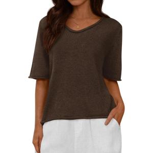 imageBTFBM Sweaters for Women 2026 Summer Oversized Half Short Sleeve Knitted Pullover V Neck Casual Loose Fit Spring TopsBrown