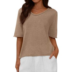imageBTFBM Sweaters for Women 2026 Summer Oversized Half Short Sleeve Knitted Pullover V Neck Casual Loose Fit Spring TopsKhaki