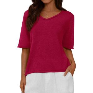 imageBTFBM Sweaters for Women 2026 Summer Oversized Half Short Sleeve Knitted Pullover V Neck Casual Loose Fit Spring TopsRed
