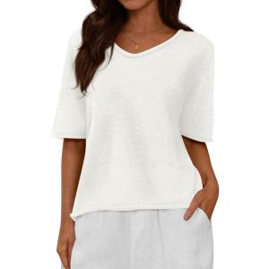 imageBTFBM Sweaters for Women 2026 Summer Oversized Half Short Sleeve Knitted Pullover V Neck Casual Loose Fit Spring TopsWhite