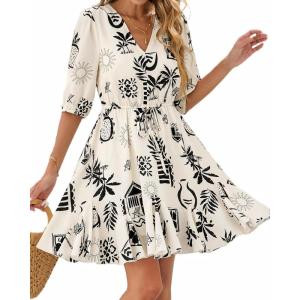imageBTFBM Women Summer Spring Floral Boho Dress 2026 V Neck Short Sleeve Ruffle Beach Vacation Clothes Wedding Guest DressesFloral Apricot Black