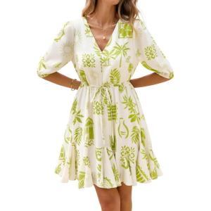 imageBTFBM Women Summer Spring Floral Boho Dress 2026 V Neck Short Sleeve Ruffle Beach Vacation Clothes Wedding Guest DressesFloral Apricot Green