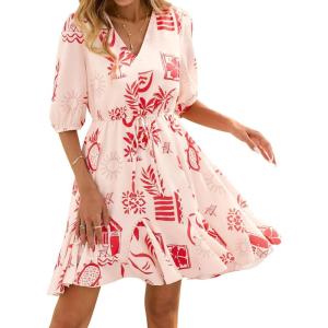 imageBTFBM Women Summer Spring Floral Boho Dress 2026 V Neck Short Sleeve Ruffle Beach Vacation Clothes Wedding Guest DressesFloral Apricot Red