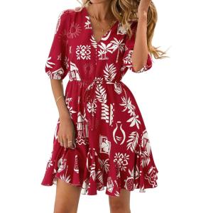 imageBTFBM Women Summer Spring Floral Boho Dress 2026 V Neck Short Sleeve Ruffle Beach Vacation Clothes Wedding Guest DressesFloral Burgundy White