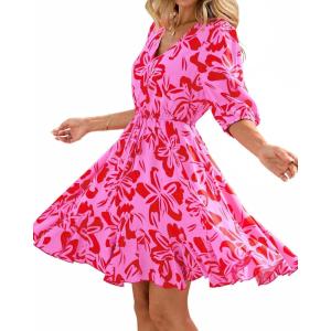 imageBTFBM Women Summer Spring Floral Boho Dress 2026 V Neck Short Sleeve Ruffle Beach Vacation Clothes Wedding Guest DressesFloral Pink Red