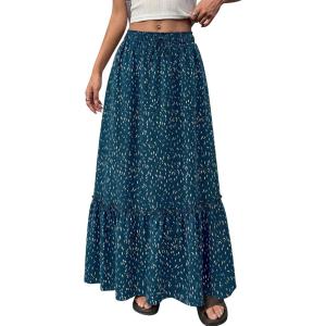 imageBTFBM Womens Boho Maxi Skirt 2026 Summer Floral High Waisted Flowy Tiered Long Spring Beach Vacation Skirts PocketsBlue