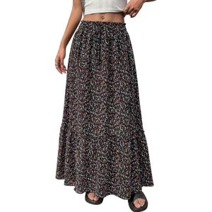imageBTFBM Womens Boho Maxi Skirt 2026 Summer Floral High Waisted Flowy Tiered Long Spring Beach Vacation Skirts PocketsFloral Black Red
