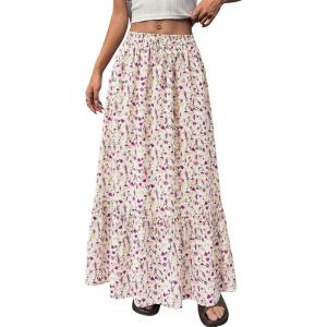 imageBTFBM Womens Boho Maxi Skirt 2026 Summer Floral High Waisted Flowy Tiered Long Spring Beach Vacation Skirts PocketsFloral White Purple