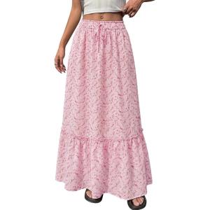 imageBTFBM Womens Boho Maxi Skirt 2026 Summer Floral High Waisted Flowy Tiered Long Spring Beach Vacation Skirts PocketsPink