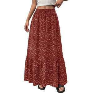 imageBTFBM Womens Boho Maxi Skirt 2026 Summer Floral High Waisted Flowy Tiered Long Spring Beach Vacation Skirts PocketsRed