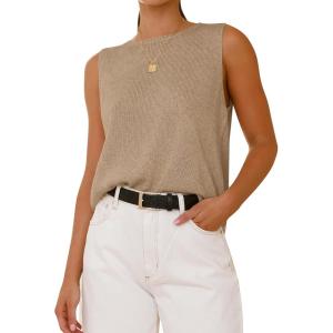 imageBTFBM Womens Sleeveless Sweater Vest 2026 Summer Crew Neck Ribbed Knit Lightweight Pullover Casual Loose Fit Tank TopsKhaki