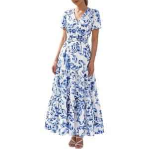 imageBTFBM Womens Summer Dresses 2026 V Neck Hollow Out Eyelet A Line Flowy Boho Beach Vacation Wedding Guest Maxi DressFloral White Blue