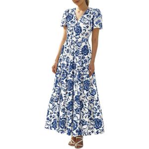 imageBTFBM Womens Summer Dresses 2026 V Neck Hollow Out Eyelet A Line Flowy Boho Beach Vacation Wedding Guest Maxi DressFloral White Dark Blue