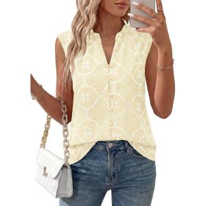 imageBTFBM Womens Summer Tops Dressy Casual 2026 Floral Eyelet Sleeveless Button Down Shirts Boho Beach Vacation OutfitsBeige