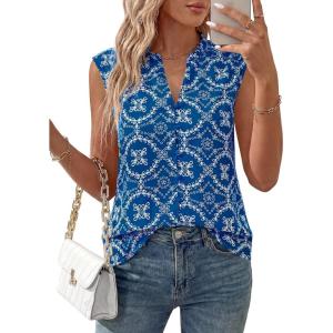 imageBTFBM Womens Summer Tops Dressy Casual 2026 Floral Eyelet Sleeveless Button Down Shirts Boho Beach Vacation OutfitsBlue