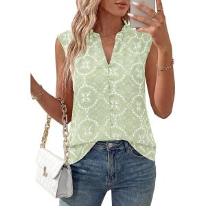 imageBTFBM Womens Summer Tops Dressy Casual 2026 Floral Eyelet Sleeveless Button Down Shirts Boho Beach Vacation OutfitsLight Green