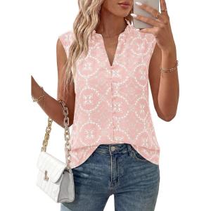 imageBTFBM Womens Summer Tops Dressy Casual 2026 Floral Eyelet Sleeveless Button Down Shirts Boho Beach Vacation OutfitsPink