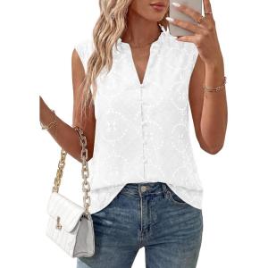 imageBTFBM Womens Summer Tops Dressy Casual 2026 Floral Eyelet Sleeveless Button Down Shirts Boho Beach Vacation OutfitsWhite