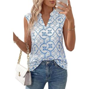 imageBTFBM Womens Summer Tops Dressy Casual 2026 Floral Eyelet Sleeveless Button Down Shirts Boho Beach Vacation OutfitsWhite Blue Flower