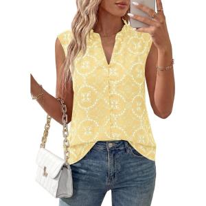 imageBTFBM Womens Summer Tops Dressy Casual 2026 Floral Eyelet Sleeveless Button Down Shirts Boho Beach Vacation OutfitsYellow