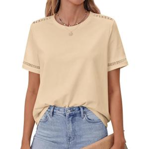imageBTFBM Womens Summer Tops Lace Short Sleeve Shirts 2026 Spring Casual Loose Crew Neck Cotton Knit Cute Business BlousesApricot