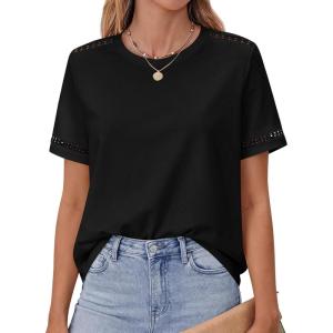 imageBTFBM Womens Summer Tops Lace Short Sleeve Shirts 2026 Spring Casual Loose Crew Neck Cotton Knit Cute Business BlousesBlack