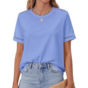 imageBTFBM Womens Summer Tops Lace Short Sleeve Shirts 2026 Spring Casual Loose Crew Neck Cotton Knit Cute Business BlousesLight Blue
