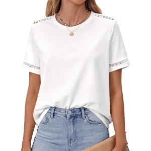 imageBTFBM Womens Summer Tops Lace Short Sleeve Shirts 2026 Spring Casual Loose Crew Neck Cotton Knit Cute Business BlousesWhite