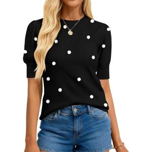imageBTFBM Womens Sweaters Polka Dot Short Sleeve Sweater for Women Crew Neck Knit Summer Tops Business Dressy Casual BlousesBlack