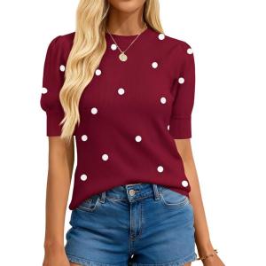 imageBTFBM Womens Sweaters Polka Dot Short Sleeve Sweater for Women Crew Neck Knit Summer Tops Business Dressy Casual BlousesBurgundy