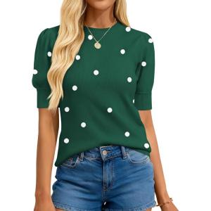 imageBTFBM Womens Sweaters Polka Dot Short Sleeve Sweater for Women Crew Neck Knit Summer Tops Business Dressy Casual BlousesDark Green