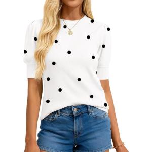 imageBTFBM Womens Sweaters Polka Dot Short Sleeve Sweater for Women Crew Neck Knit Summer Tops Business Dressy Casual BlousesWhite
