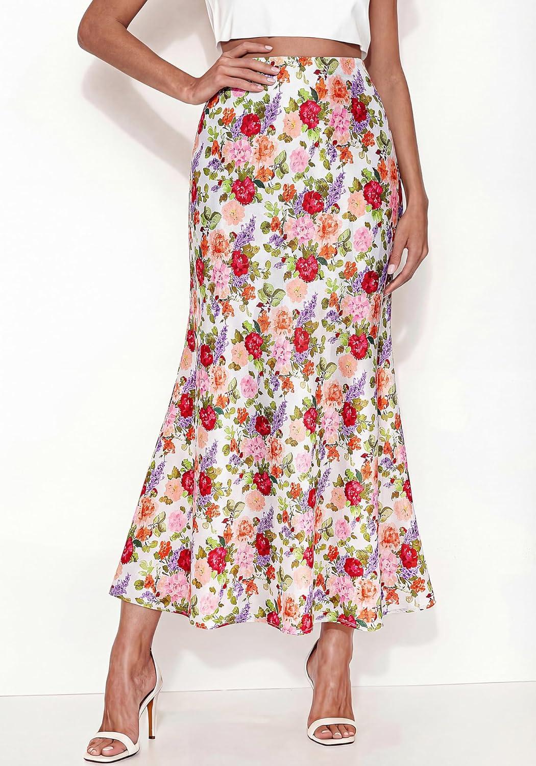 imageBTFBM Maxi Skirts for Women 2026 Summer Spring Boho Lightweight A Line High Waisted Wedding Guest Party Silk Midi SkirtFloral White Multicolored