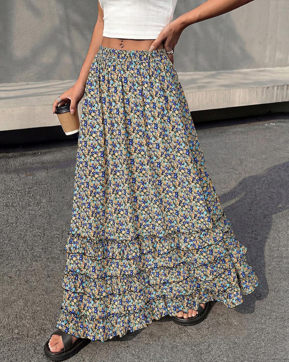 imageBTFBM Skirts for Women Summer Flowy ALine Floral Boho Maxi Skirt Long Wedding Guest Dresses Spring Outfits 2026Floral Black Multicolored