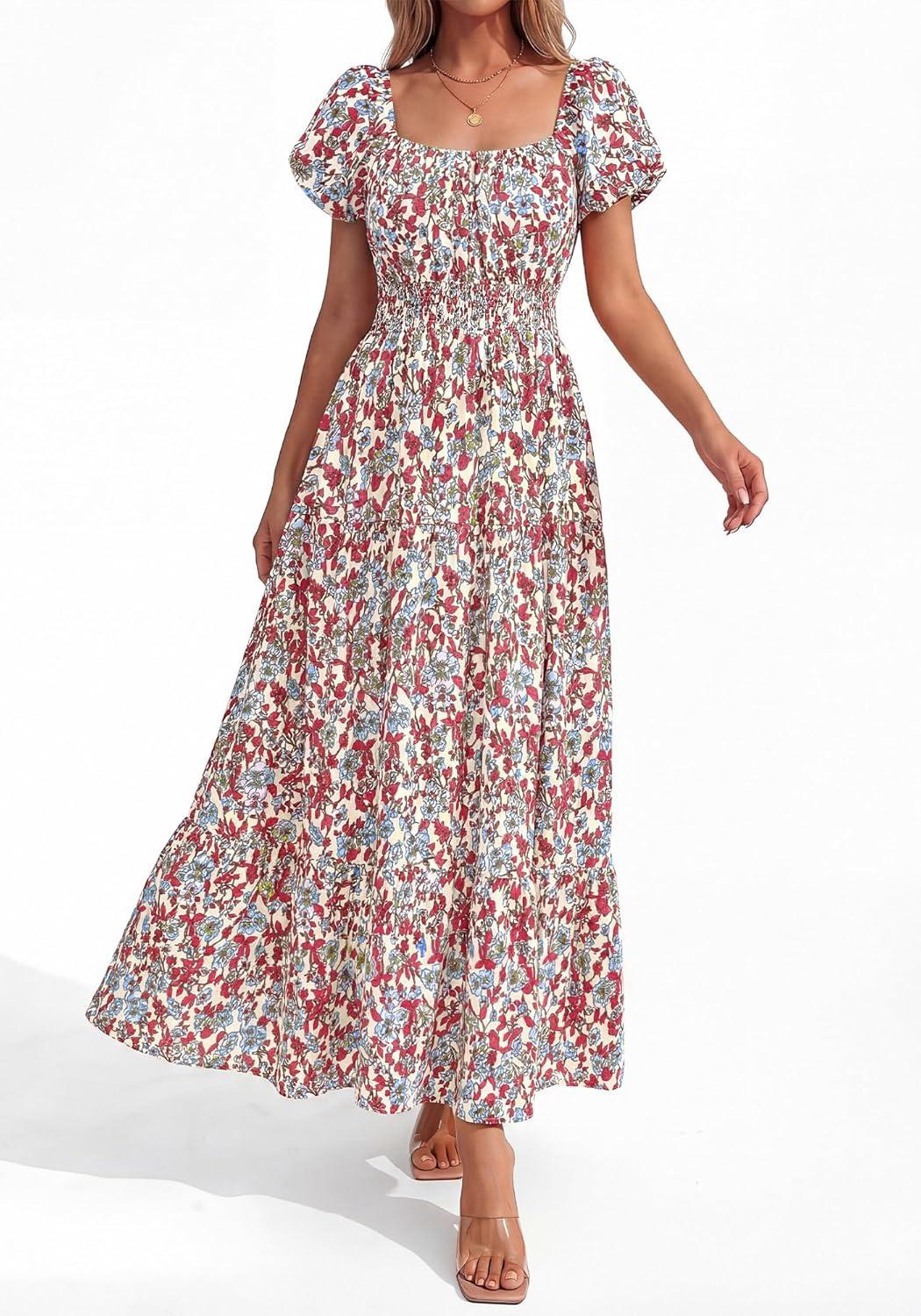 imageBTFBM Summer Dress for Women 2026 Spring Floral Short Sleeve Square Neck Casual Flowy ALine Smocked Tiered Maxi DressesFloral Beige Multicolor