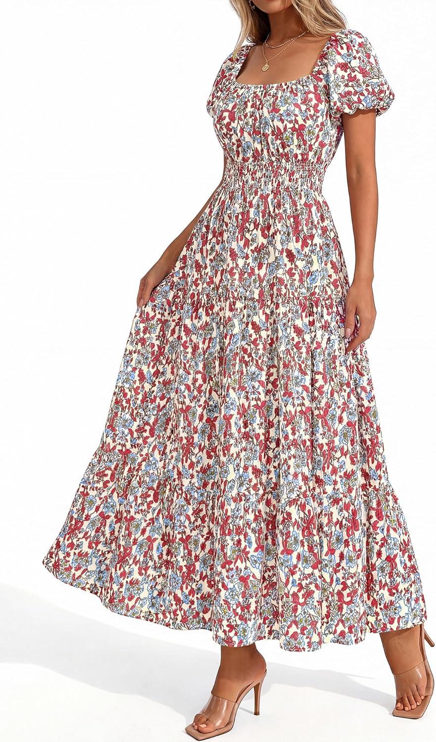 imageBTFBM Summer Dress for Women 2026 Spring Floral Short Sleeve Square Neck Casual Flowy ALine Smocked Tiered Maxi DressesFloral Beige Multicolor