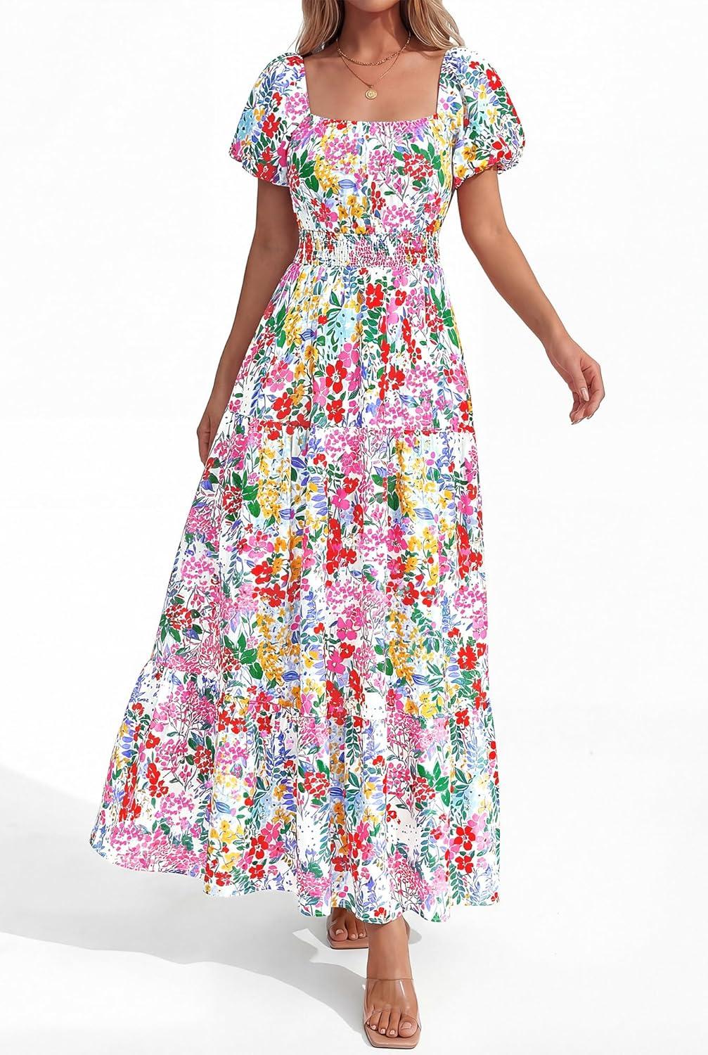 imageBTFBM Summer Dress for Women 2026 Spring Floral Short Sleeve Square Neck Casual Flowy ALine Smocked Tiered Maxi DressesFloral White Multicolor