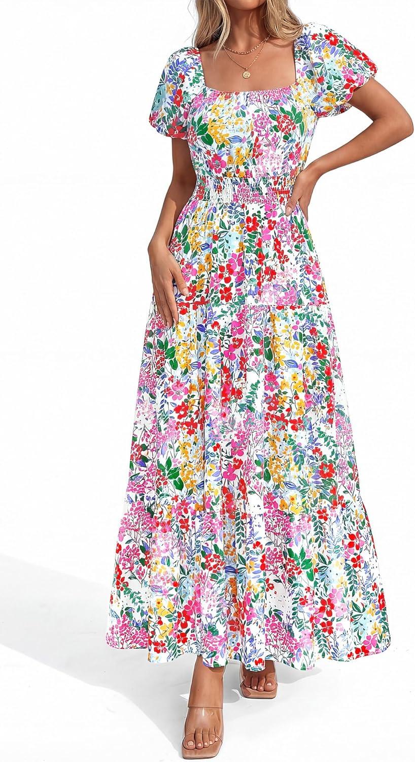imageBTFBM Summer Dress for Women 2026 Spring Floral Short Sleeve Square Neck Casual Flowy ALine Smocked Tiered Maxi DressesFloral White Multicolor