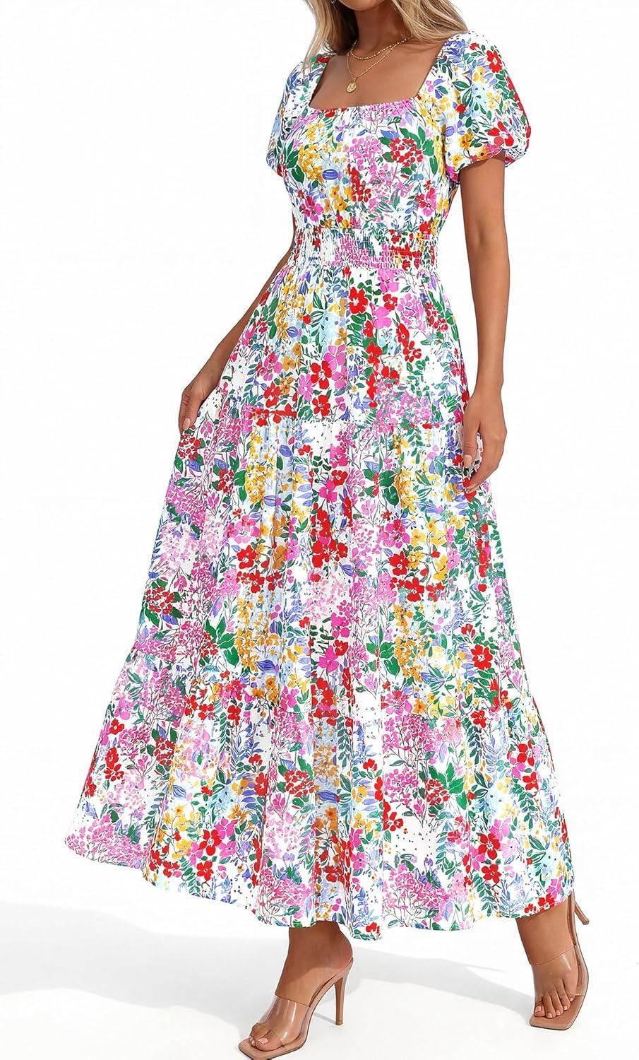 imageBTFBM Summer Dress for Women 2026 Spring Floral Short Sleeve Square Neck Casual Flowy ALine Smocked Tiered Maxi DressesFloral White Multicolor