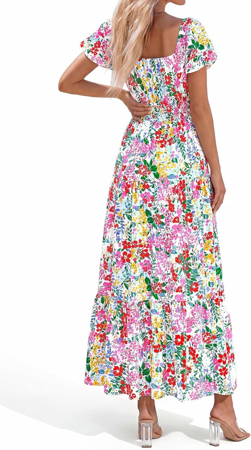 imageBTFBM Summer Dress for Women 2026 Spring Floral Short Sleeve Square Neck Casual Flowy ALine Smocked Tiered Maxi DressesFloral White Multicolor