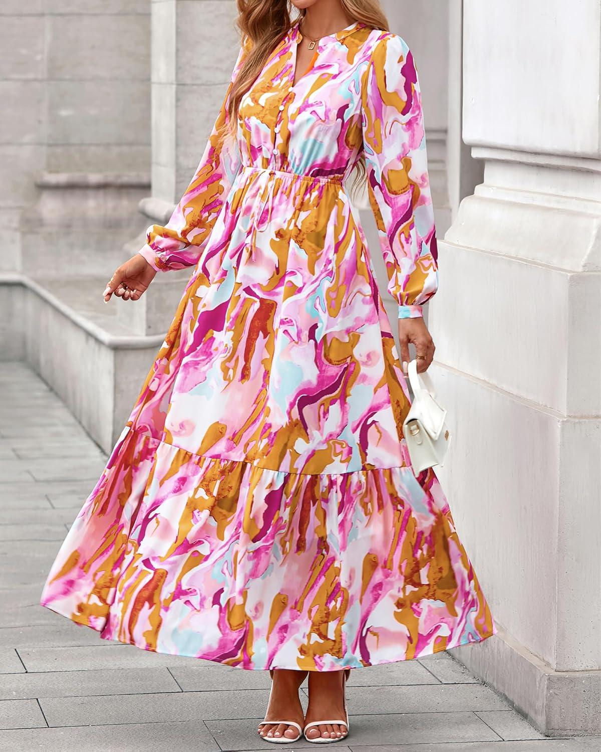 imageBTFBM Women Boho Maxi Dress Fall Fashion 2025 Floral Long Sleeve V Neck Button Pockets Flowy Vacation Wedding DressesFloral Multicolored