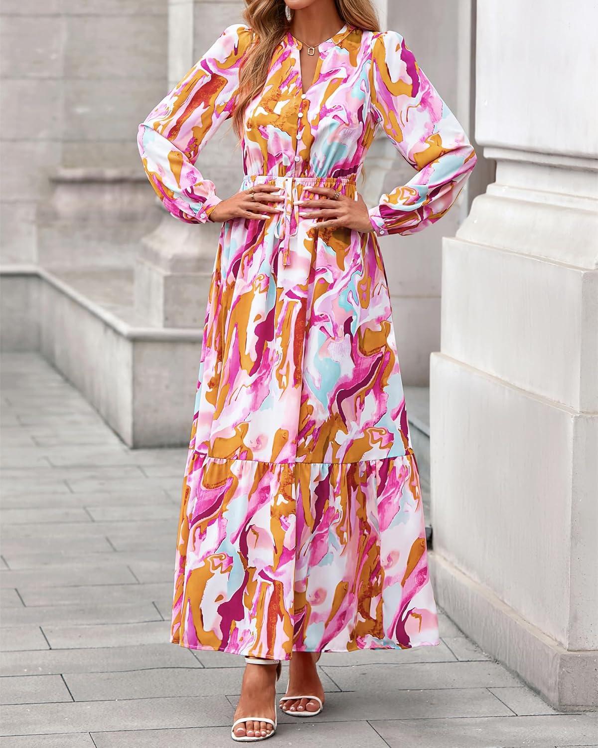 imageBTFBM Women Boho Maxi Dress Fall Fashion 2025 Floral Long Sleeve V Neck Button Pockets Flowy Vacation Wedding DressesFloral Multicolored