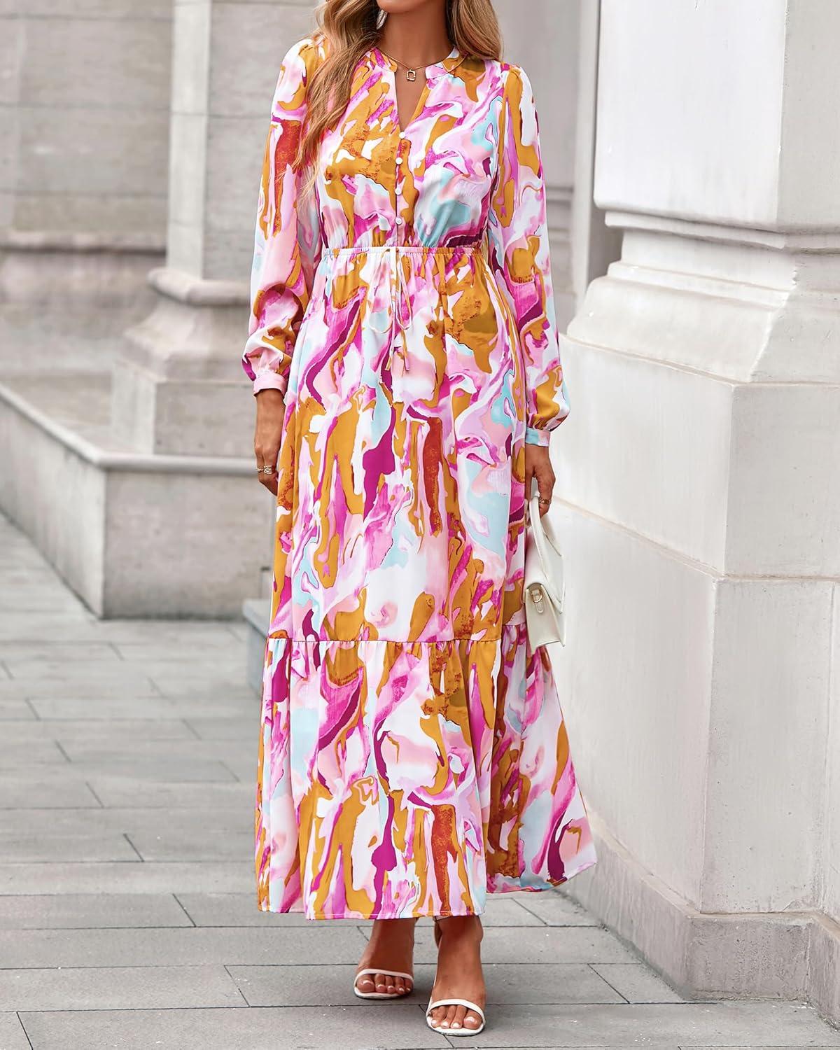 imageBTFBM Women Boho Maxi Dress Fall Fashion 2025 Floral Long Sleeve V Neck Button Pockets Flowy Vacation Wedding DressesFloral Multicolored