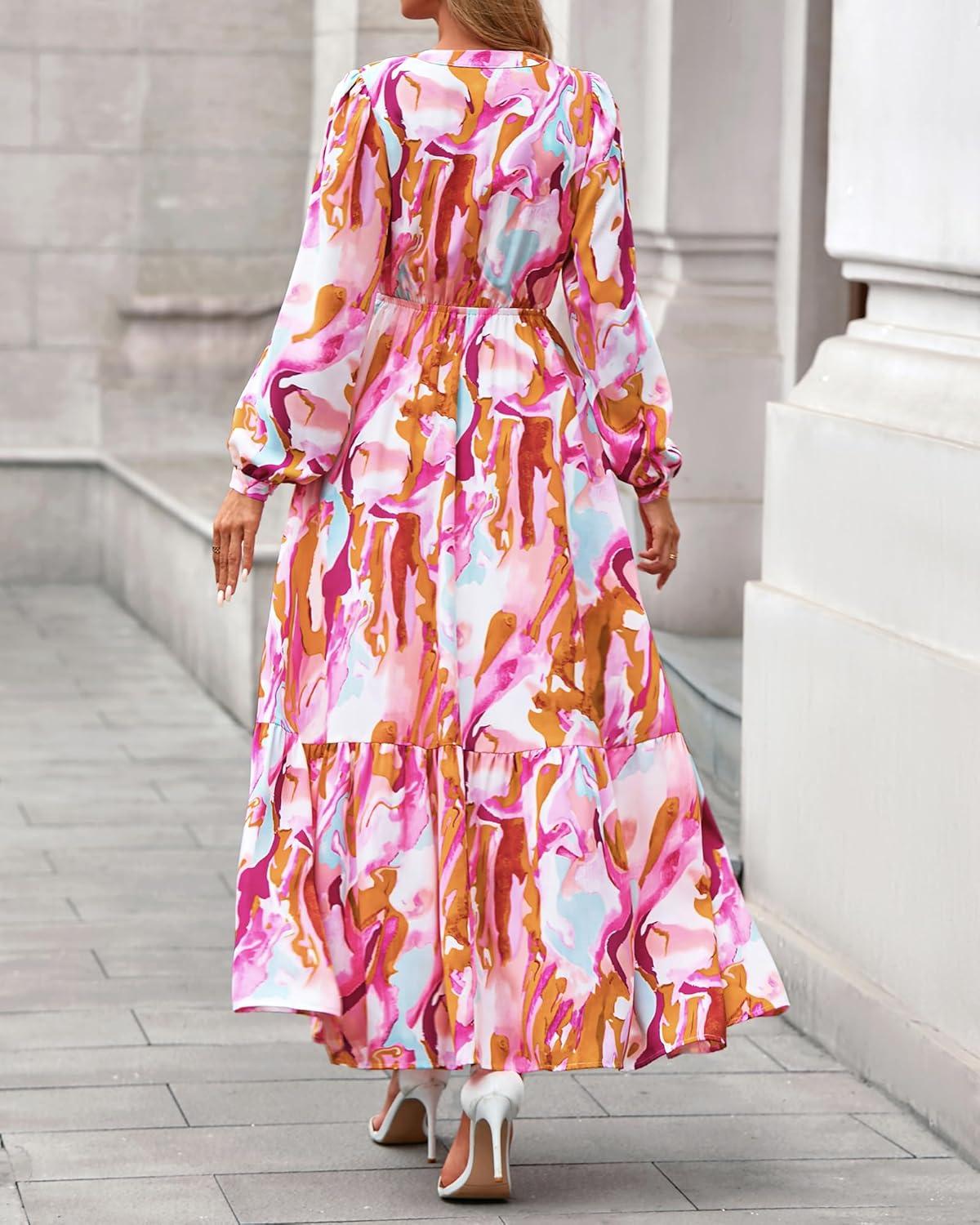 imageBTFBM Women Boho Maxi Dress Fall Fashion 2025 Floral Long Sleeve V Neck Button Pockets Flowy Vacation Wedding DressesFloral Multicolored