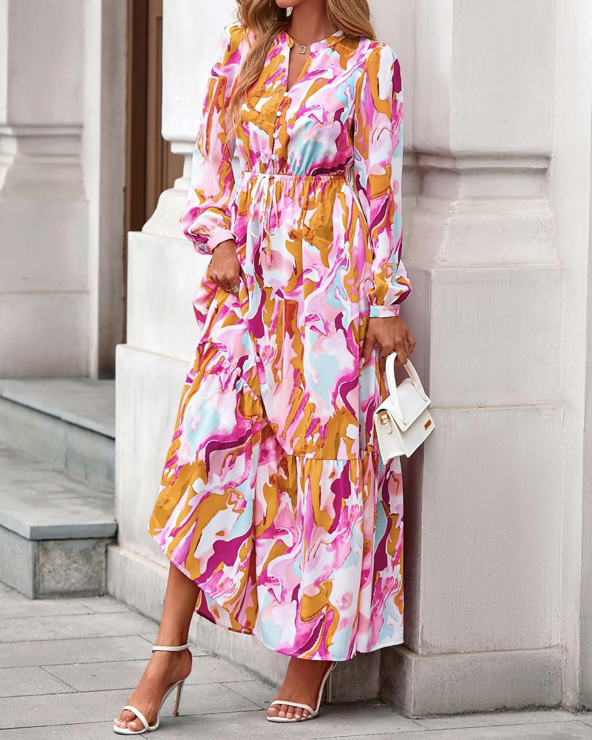 imageBTFBM Women Boho Maxi Dress Fall Fashion 2025 Floral Long Sleeve V Neck Button Pockets Flowy Vacation Wedding DressesFloral Multicolored