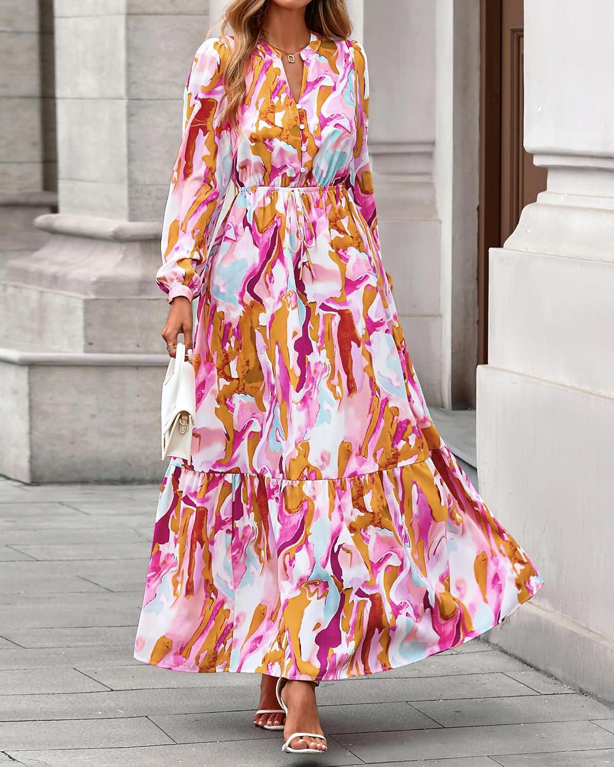 imageBTFBM Women Boho Maxi Dress Fall Fashion 2025 Floral Long Sleeve V Neck Button Pockets Flowy Vacation Wedding DressesFloral Multicolored