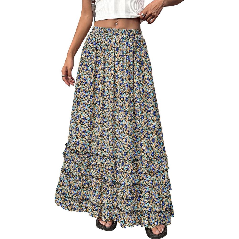 imageBTFBM Skirts for Women Summer Flowy ALine Floral Boho Maxi Skirt Long Wedding Guest Dresses Spring Outfits 2026Floral Black Multicolored