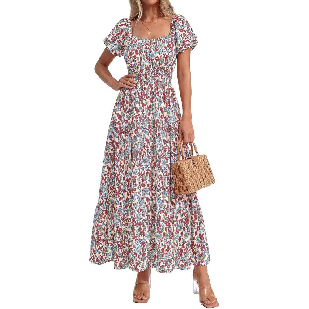 imageBTFBM Summer Dress for Women 2026 Spring Floral Short Sleeve Square Neck Casual Flowy ALine Smocked Tiered Maxi DressesFloral Beige Multicolor