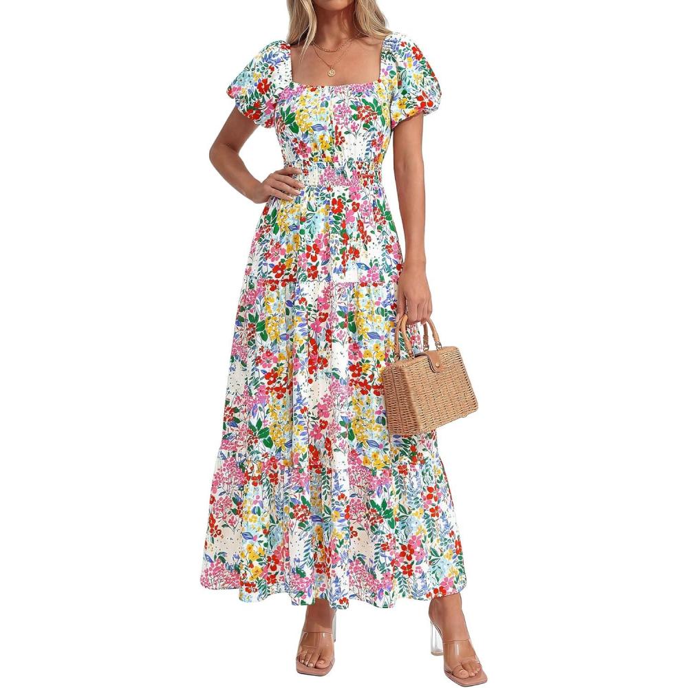 imageBTFBM Summer Dress for Women 2026 Spring Floral Short Sleeve Square Neck Casual Flowy ALine Smocked Tiered Maxi DressesFloral White Multicolor